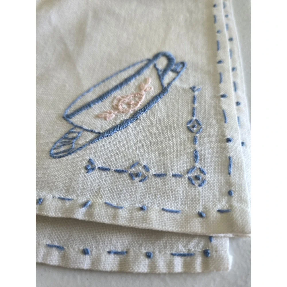 Vintage 4 Hand Embroidered Teacup Napkins Handkerchiefs White Shabby Chic LINEN